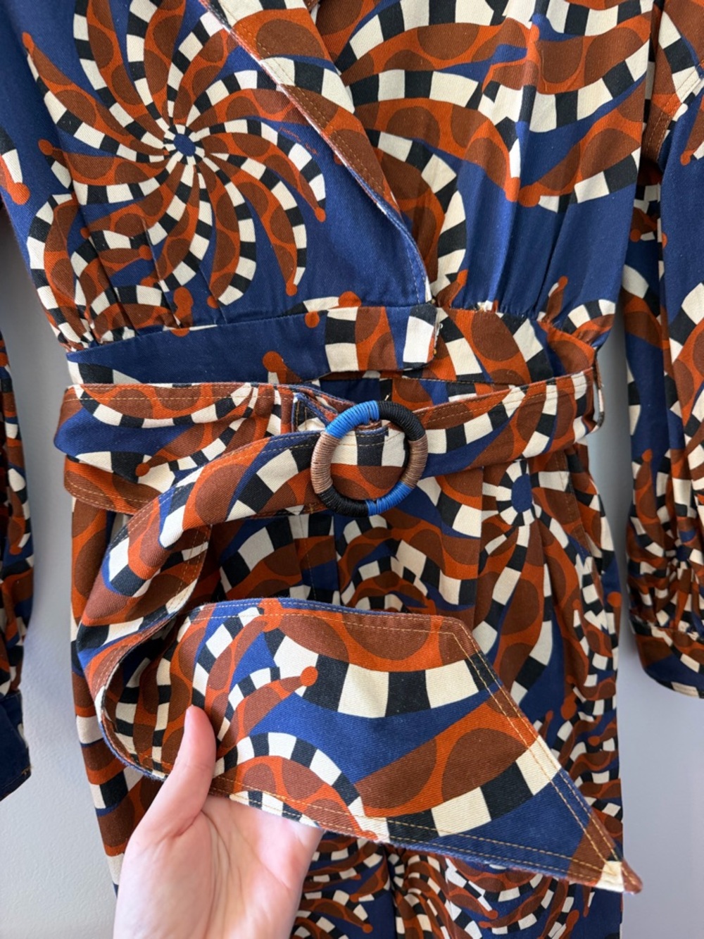 NWT Farm Rio Retro Spiral Print Blue Bandana Belted Jumpsuit in Navy & Rust - Picture 9 of 14